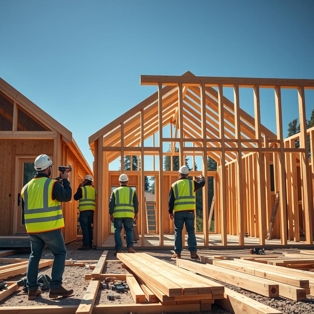 Framing crew raising an exterior wall on a new home build